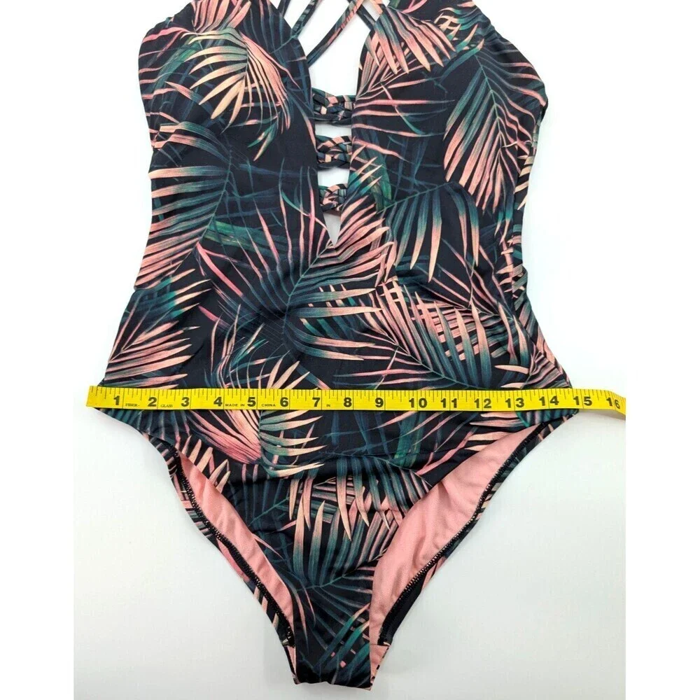 Bar III Swimsuit Women Medium One Piece Plunge Green Tropical Criss Cross Straps